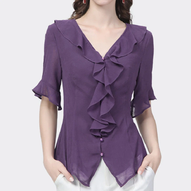 Camisa informal de gasa con volantes y botones para mujer, cárdigan ajustado de media manga con cuello con volantes, Tops elegantes a la moda para