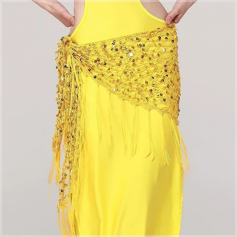 Ropa de práctica de danza del vientre, accesorios elásticos, cinturón triangular con borla larga, ganchillo a mano, danza del vientre, bufanda de cadera con lentejuelas, 12 colores