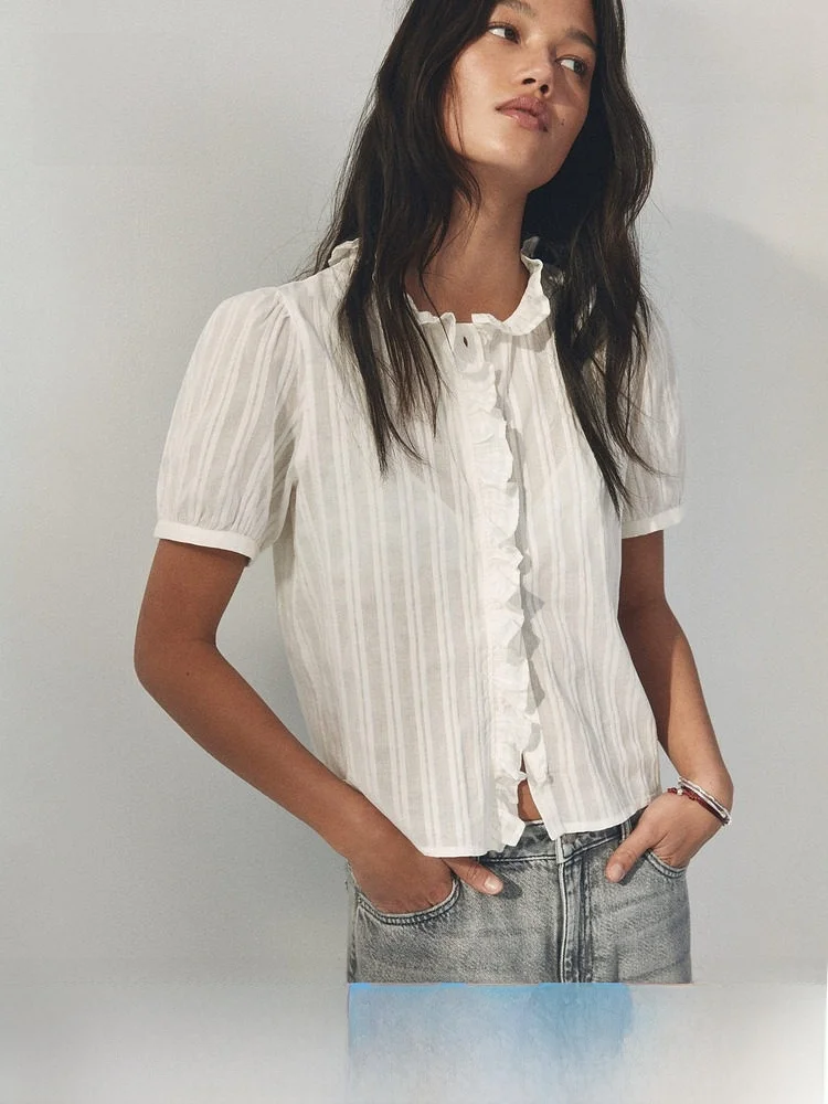 

H&M Women's Cotton Shirt Spring 2026 Fashionable Gored Hem Wooden Collar Casual Style Button Detail Short Sleeve Top