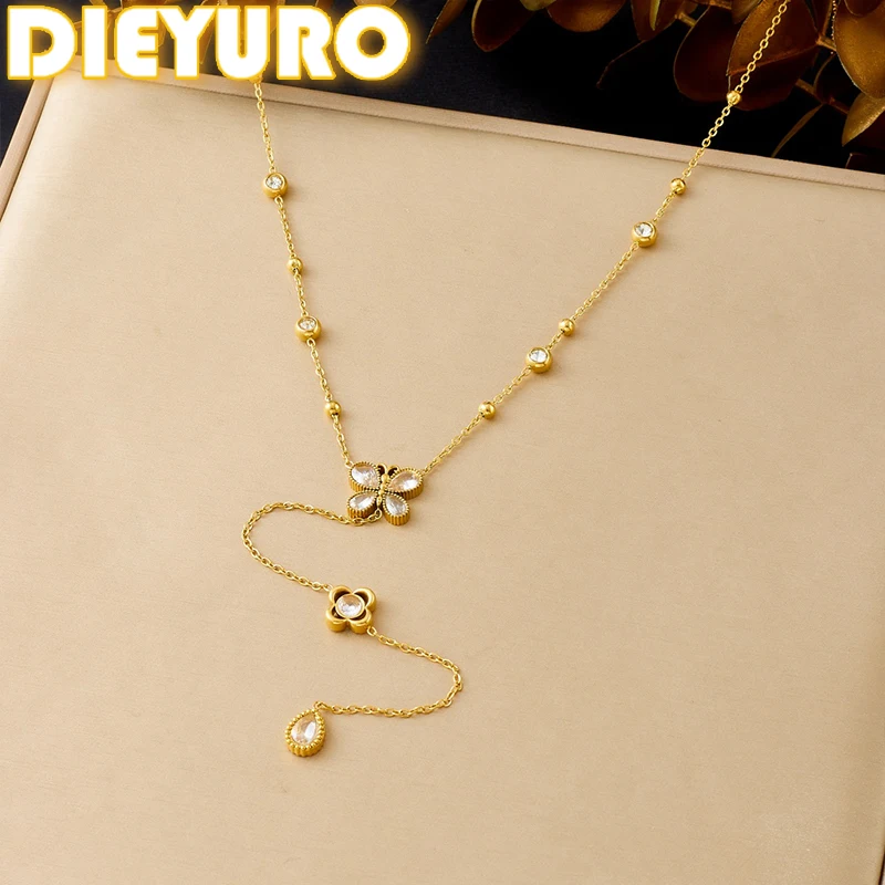 DIEYURO нержавеющая сталь 316L циркон инкрустация бабочка цветок капли воды длинный кулон цепочка для свитера женское трендовое ожерелье ювелирные изделия