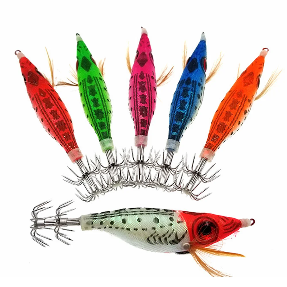 Effective Wooden Shrimp Squid Jig Wobbler Hard Octopus Lure 5 Color Luminous Squid Bait for Lure Fishing