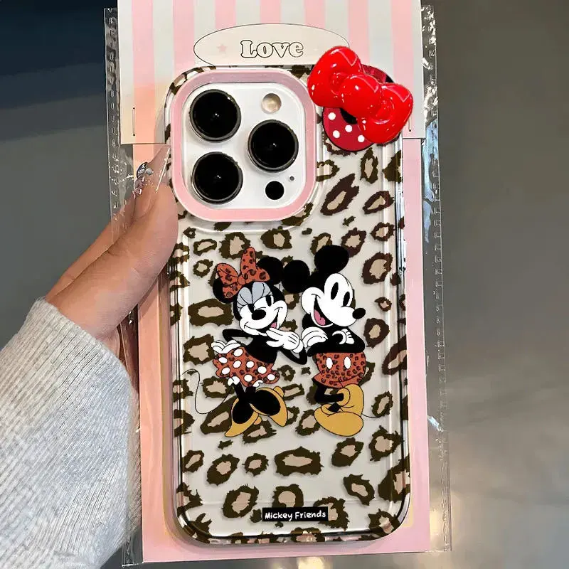 Disney Mickey Minnie Mouse 3D Bow Leopard Print Phone Case For iPhone 14 12 13 11 15 16 Pro Max XR XS MAX 7 8Plus Y2K Cute Cover