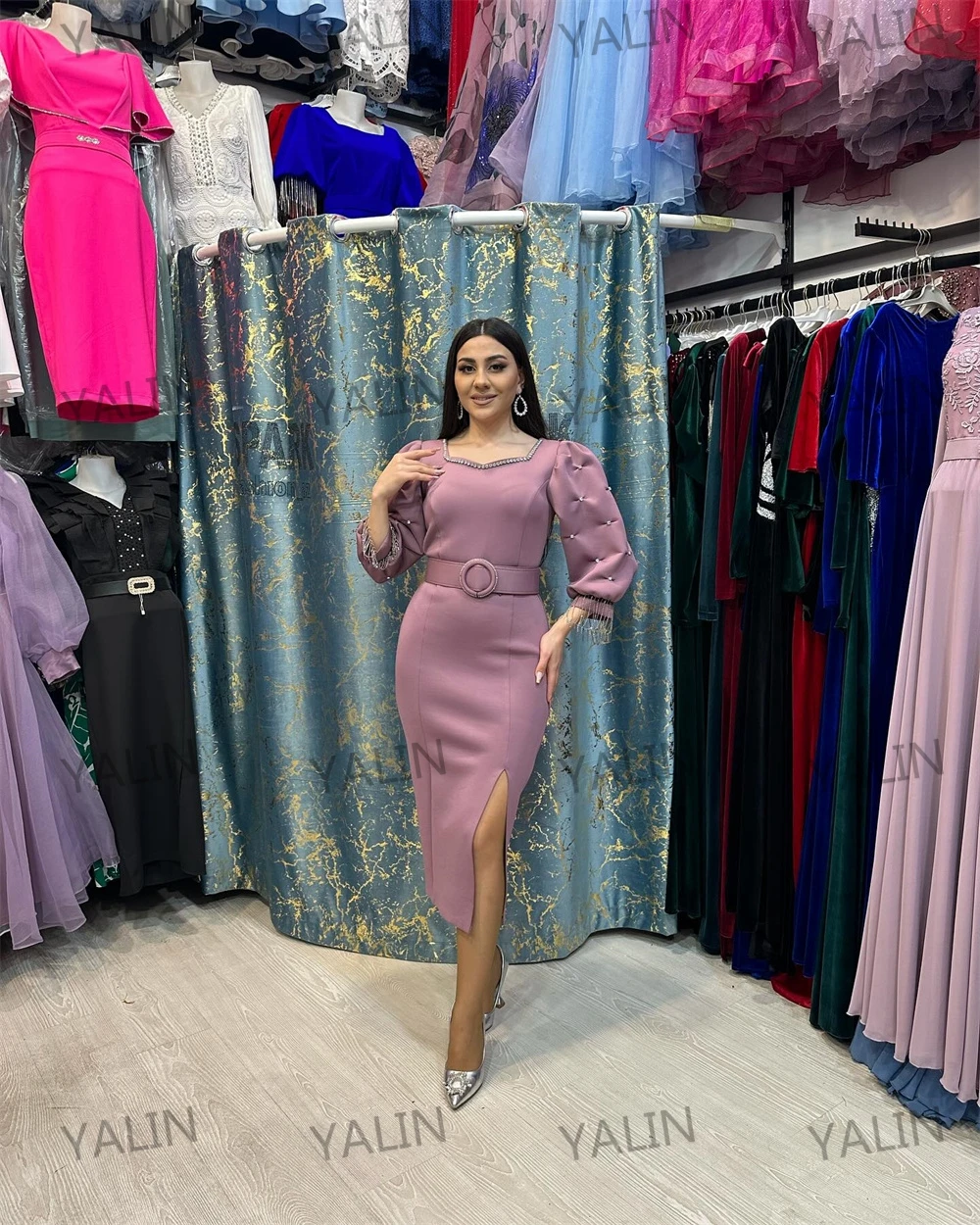 CustomizedTemperament Tea-Length Party Dress V Neck Belt Prom Gown Straight Three Quarter Celebrity Banquet  فساتين للحفلات الرا