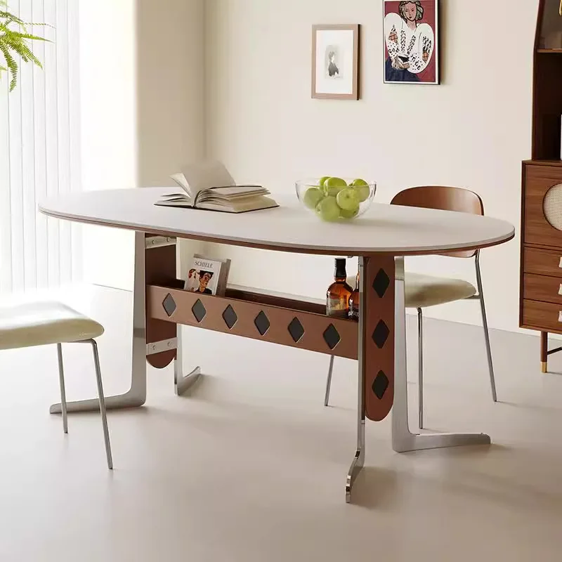 

French retro rock slab dining table household small rectangular solid wood dining table cream Fengchuan River dining table and c