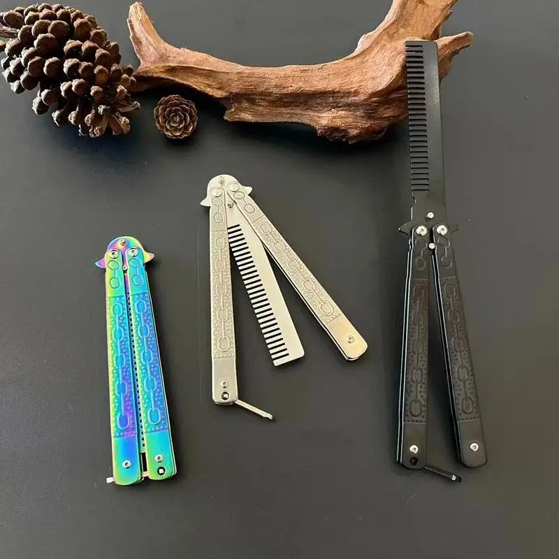 1 Stück Edelstahl Übungs-Schmetterlingsmesser-Kamm Bart- und Schnurrbartbürste Friseursalon-Styling-Werkzeug Faltbarer Kamm – Detail 8