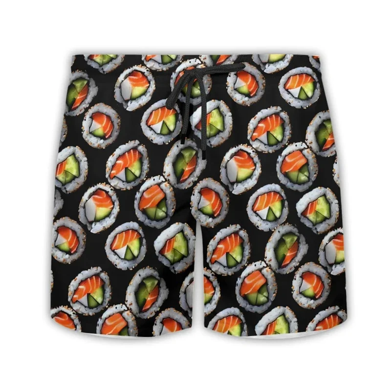 Delicious Sushi Shrimp Short Pants For Men Clothes Hip Hop Hawaiian Rice Balls Beach Shorts  Fast Food Bento Trunks Boy Bermudas