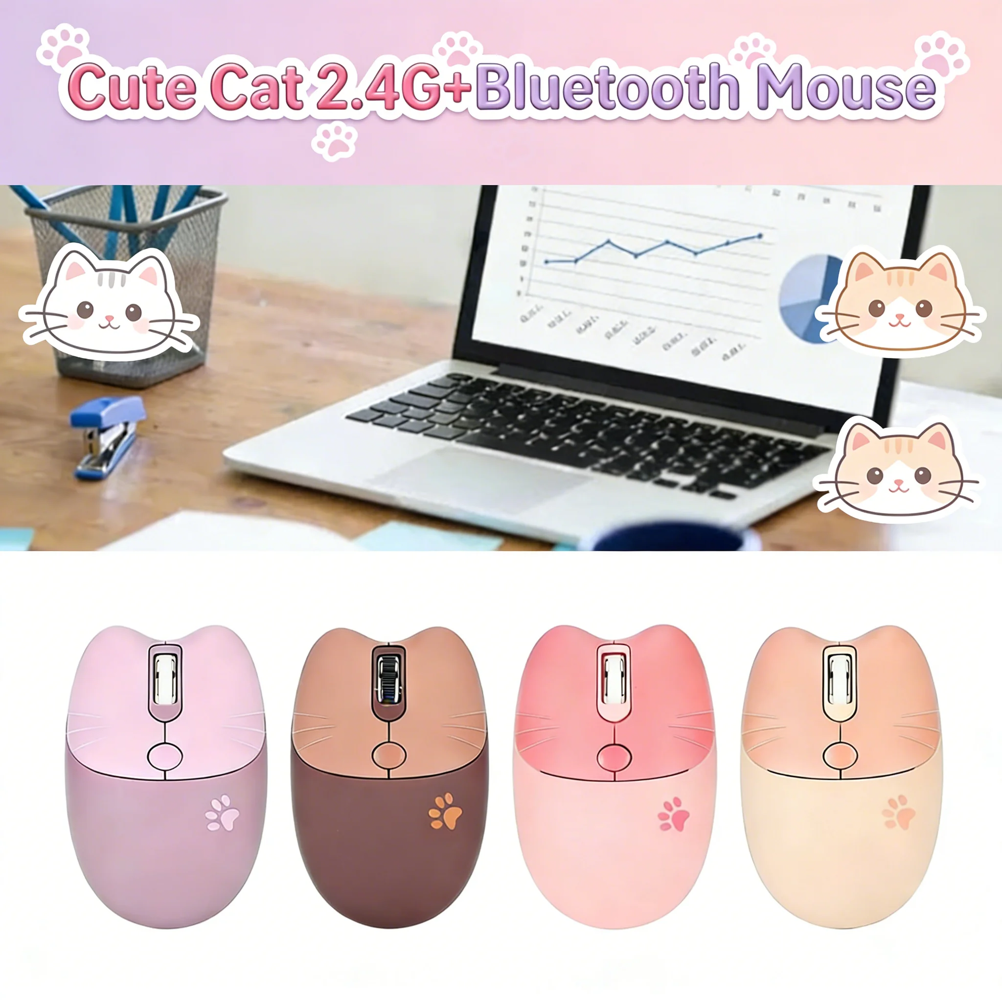 Kawaii Cat Shape 2.4G+Bluetooath Wireless Mouse Candy Color Silent Gaming Mice For Laptop PC Computer Gamer Girl Kid Home Office
