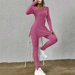 Stripe Knit Casual Set Women Simple Solid Color Sexy Slim Suit Long Sleeve O-neck Tops+Loose Pants Fashion Elegant Streetwear