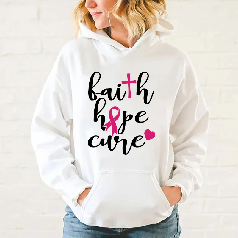 Breast Cancer Awareness Faith Hope Cure Print Sweatshirt Women'S Casual Top Harajuku Fashion Hooded Sweatshirt Long Sleeve Tops