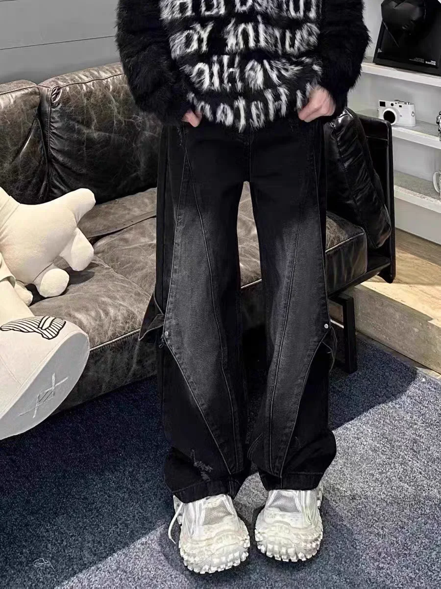 

Американские потертые джинсы в стиле ретро для мужчин и женщин, уличная повседневная одежда, всесезонные свободные потертые повседневные брюки прямого кроя, модные широкие брюки, можно стирать в машине