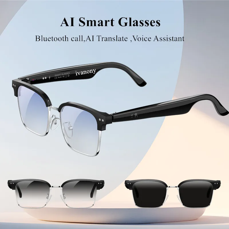 

AI Smart Translate Glasses Bluetooth Call Voice Assistant Play Songs Blue -Light Blocking Noise Canceling Eyeglasses Sunglasses