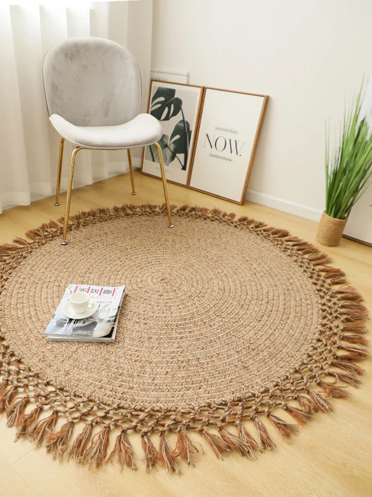 Handmade Boho Round Jute Carpet Tassels Fringe Living Room Bedroom Bedside Sitting Room Tea Table Tatami Bedroom Sisal Foot Mat