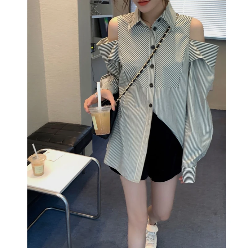 Lazy Style Loose Striped Blouse Spring Autumn Long Sleeve Polo Neck Off Shoulder Korean Shirt Tops Fashion Vintage Women Clothes