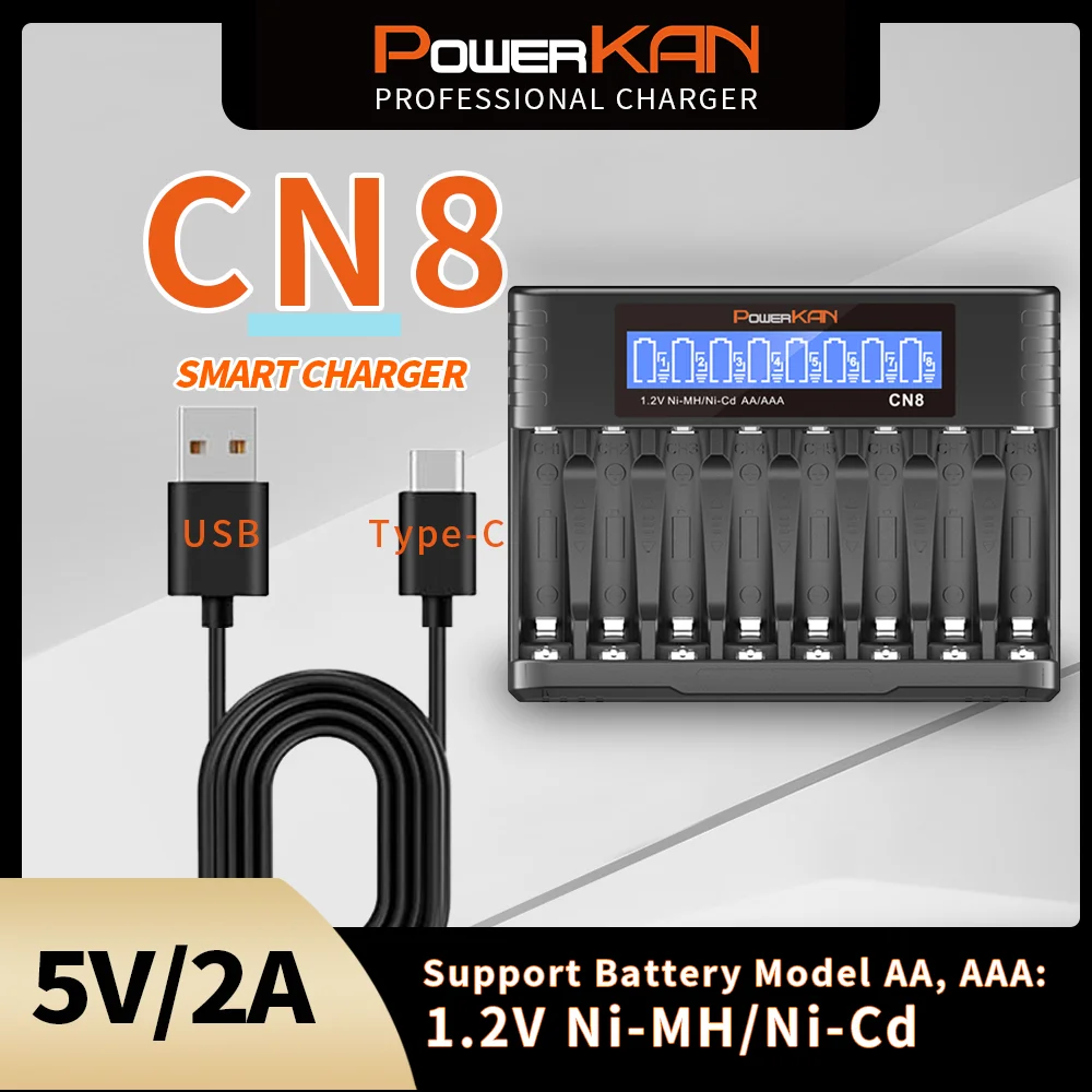 POWERKAN CN8 AA/AAA battery charger, 8-slot fast LCD battery charger for 1.2V Ni-MH/Ni-CD rechargeable batteries