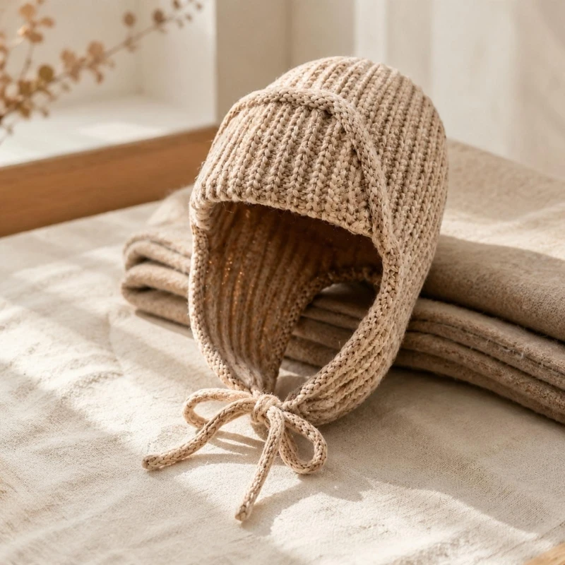 Extended Earflap Winter Hat with Textured Construction and Under-Chin Ties for Outdoor Walks and Cycling Commutes D0UB