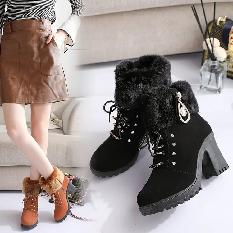 

New 2024 Autumn Winter Short Boots Women's Shoes High Heel Thick Heel Fur Trimmed Water Diamond Leather Boot Casual Style