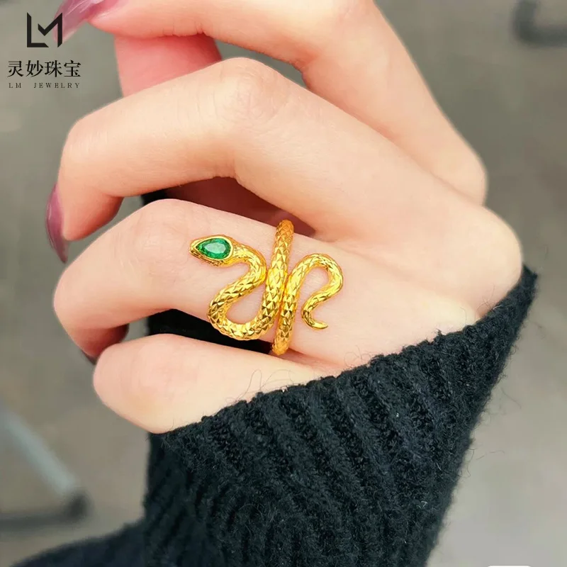 

Роскошные ювелирные изделия из настоящего золота 9999, кольцо в виде змеи, изумрудное кольцо со змеиным узором, трехмерное кольцо, персонализированные украшения