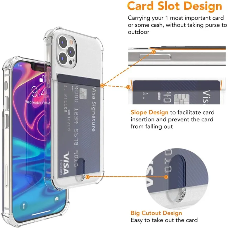 Custodia trasparente per Slot per schede per iPhone 15 14 11 Pro Max 12 13 Mini X XS SE 7 8 Plus custodia morbida antiurto trasparente per