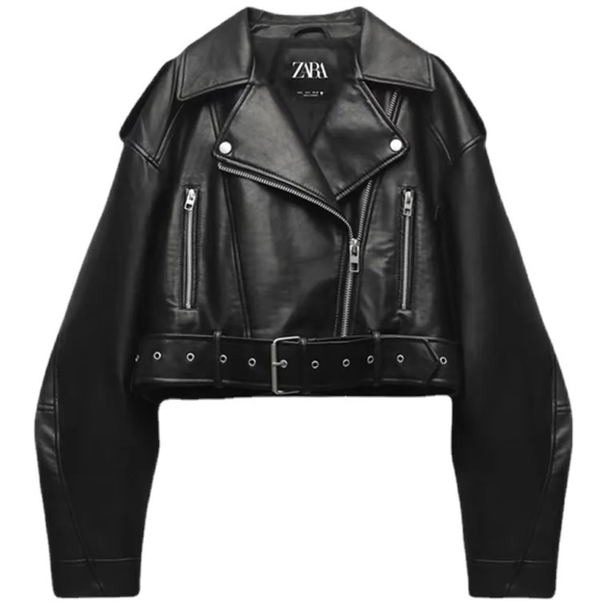 Women Black Faux PU Leather Jacket Casual Lady Lapel Zipper Belt Short Leather Jacket Vintage High Street Motorcycle Biker Coat