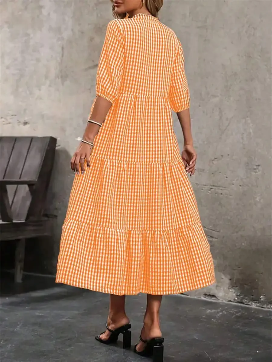 

Orange Plaid Pleated A-Line Midi Dress Round Neck Short Sleeve Casual Summer
