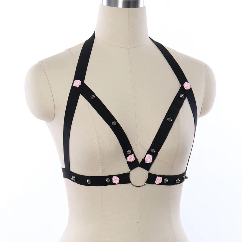 Women Harness Elastic Adjustable Open Chest Crop Top Cage Bra Rivet Pink Flower Suspender Goth Bondage Lingerie Harness Cage