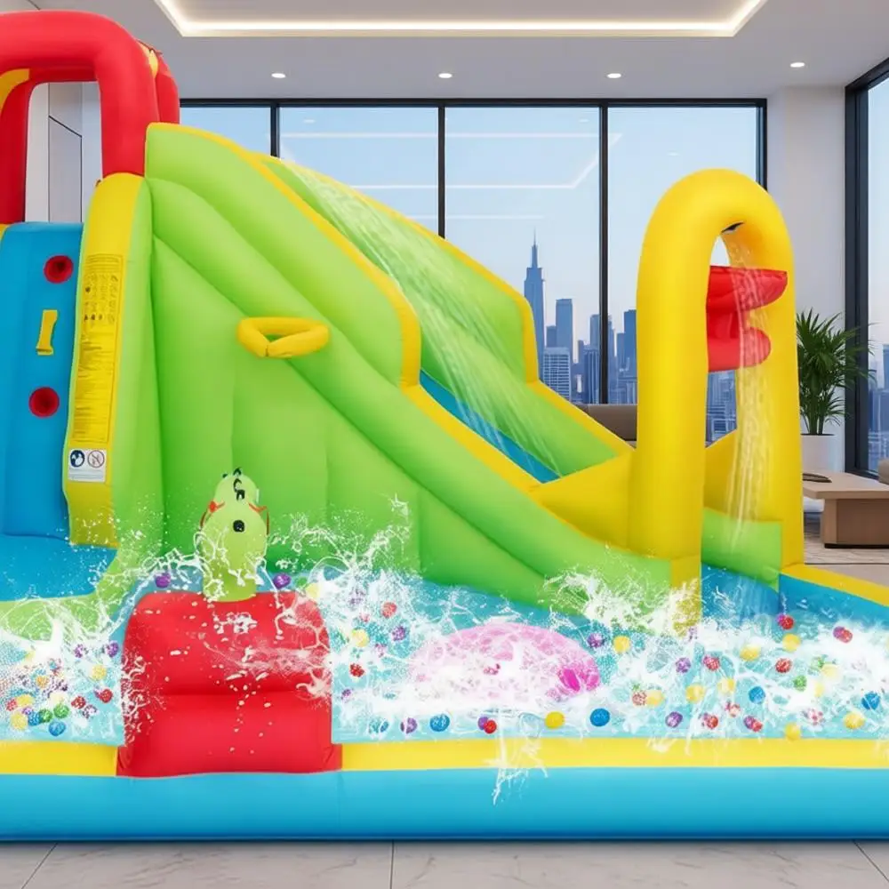 7-in-1 opblaasbaar waterpark voor kinderen en volwassenen: splashpool op de achtertuin, glijbanen, klimmuur (geen ventilator inbegrepen)