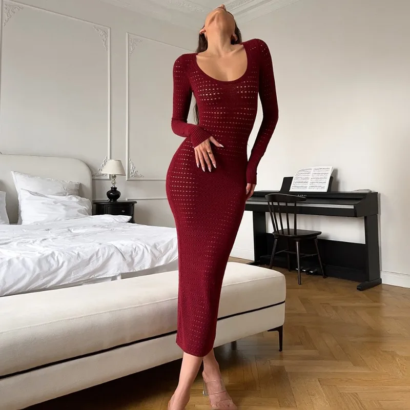 

Talenza Sexy Hollow Long Dress Women's High Street Long Sleeve Low Neck Knitted Dress Angora Red Slim Dress Lady Autumn Outfits