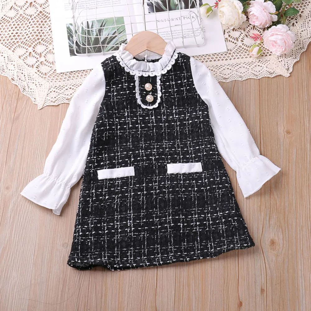 Humor Bear Girls\' Spring and Autumn New Long sleeved Wooden Ear Collar Small Fragrant Fashion Dress Vestidos Casual Outfit 2-6Y