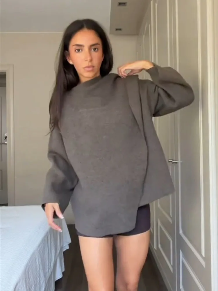 HH-abrigo de estilo callejero para mujer, cárdigan de punto a cuadros de otoño, bufanda elegante con cuello, decoración de bolsillo, abrigo corto holgado de manga larga