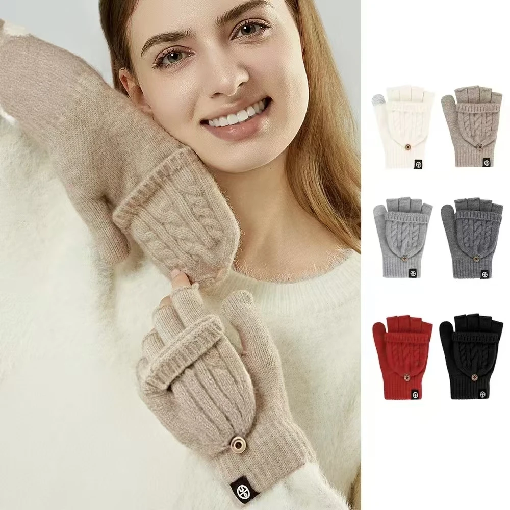 Winter Dual-purpose Flip Cover Leak Finger Gloves Cold Proof Warm Solid Color Students Writing and Cycling Touch Screen Gloves