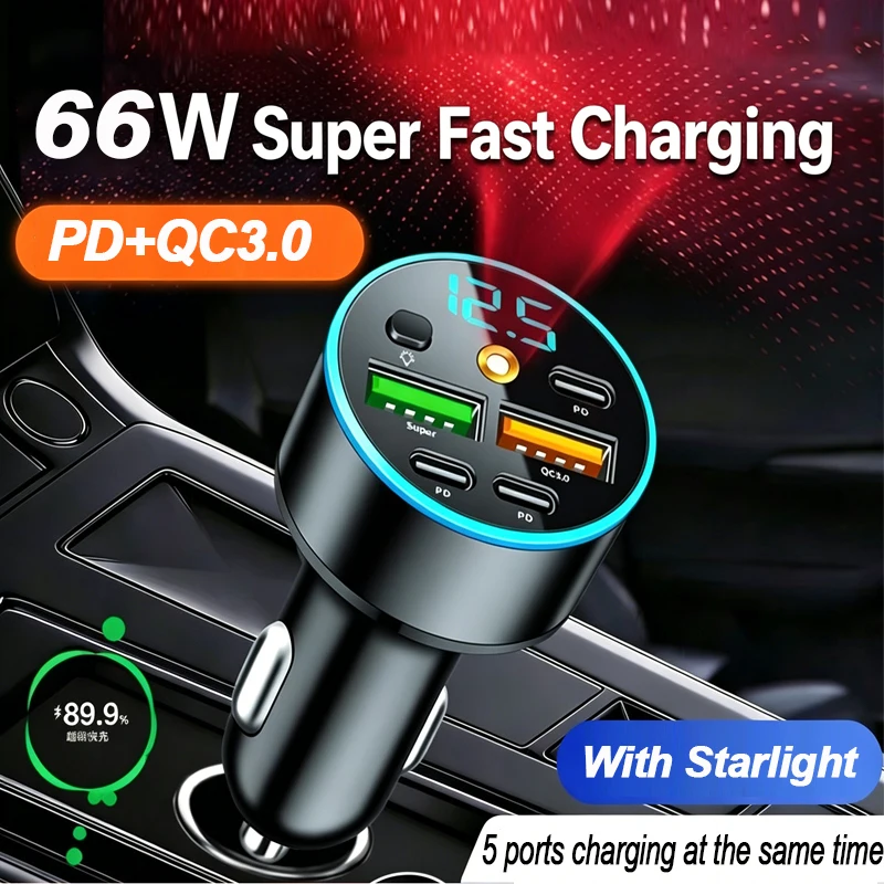 66W USB-Autoladegerät PD QC3.0 Auto-Handy-Ladegerät Typ-C-Adapter mit Starlight-Digitalanzeige für iPhone Samsung Huawei Xiaomi