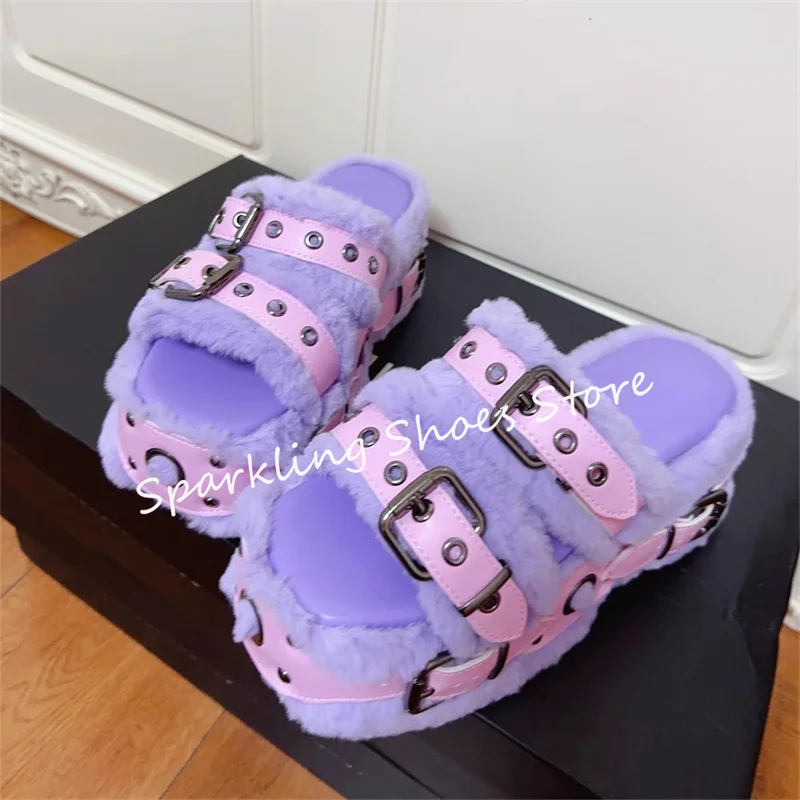 Punk Rivet Belt Buckle Women Plush Slippers Mixed Color Chunky Bottom High Heel Slip-On Sandals Ladies Outside Warm Shoes