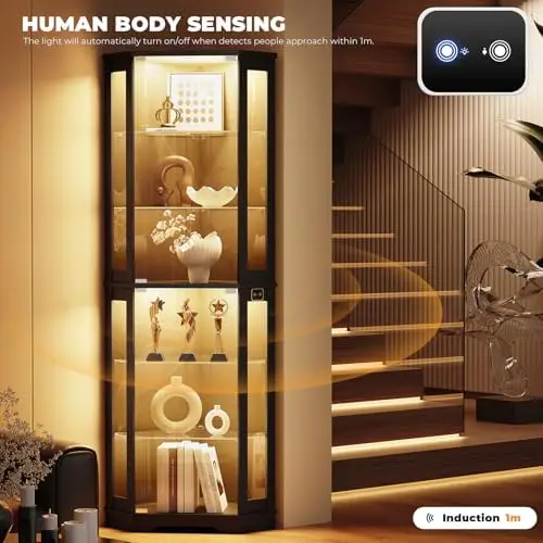 71" Corner Display Cabinet with Glass Doors, 6 Tier Curio Cabinet with 3 LED Lights & Glass Shelves, Human Body Sensor view 4
