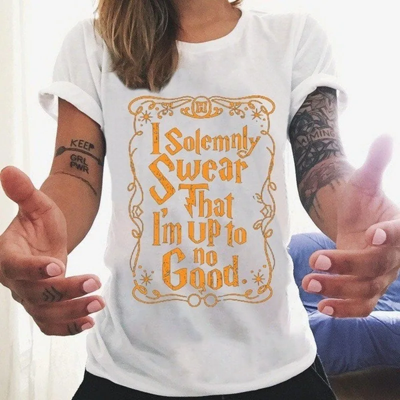 I Solemnly Swear That I Am Up To No Good Letter Print T Shirt Women Short Sleeve O Neck Loose Tshirt Summer Women Tee Shirt Tops