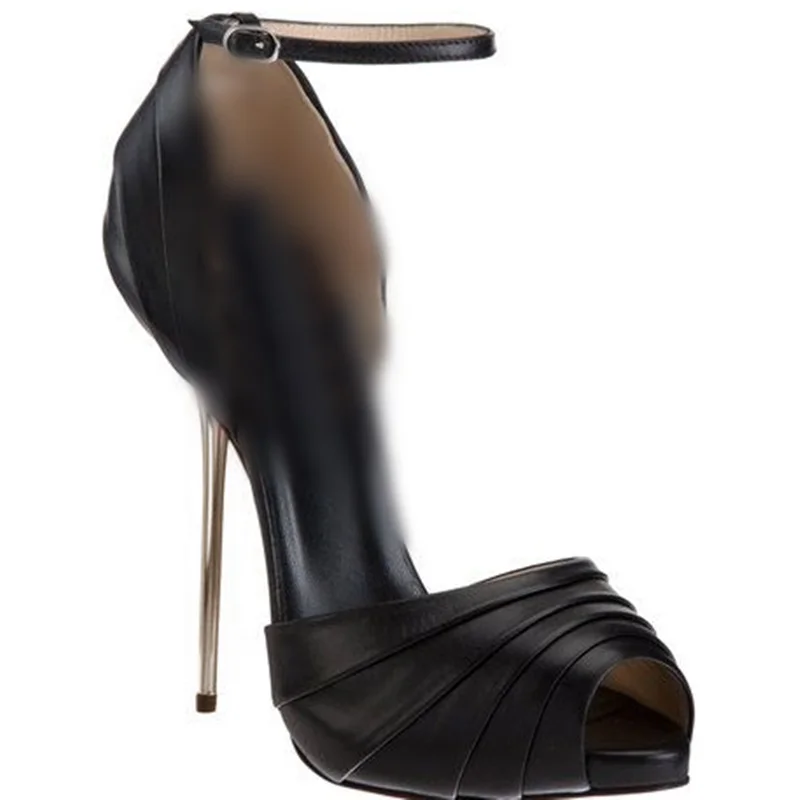 블랙 무광 가죽 버클 샌들 얇은 하이힐 피프토 패션 섹시 2025 여름 큰 사이즈 여성 신발