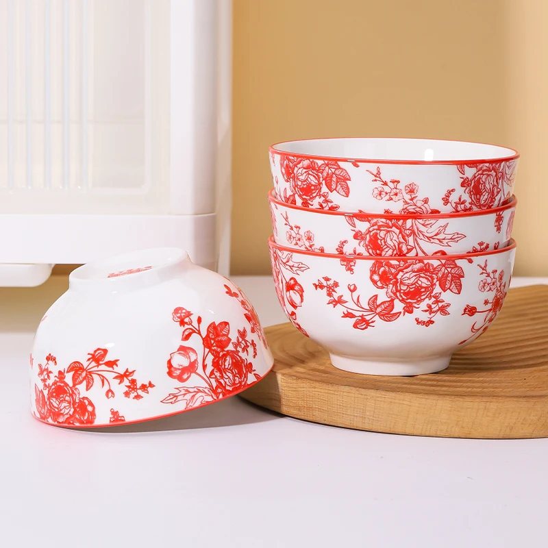 

3PCS Red Rose Underglaze Colored Bowl,4.5inch Festive Home Ceramic Tableware,Kitchen Art Decoration Suitable for Microwave Ovens