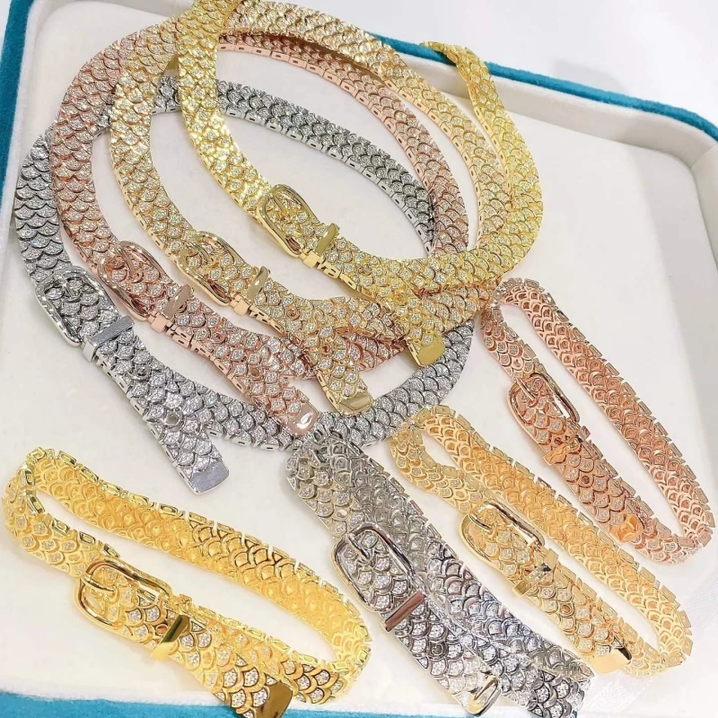 Bellux Belt Buckle Necklace Bracelet Set Full Paved CZ Fish Scale Adjustable Wide Chain 925 Silver 3 Colors Plated Fine Jewelry