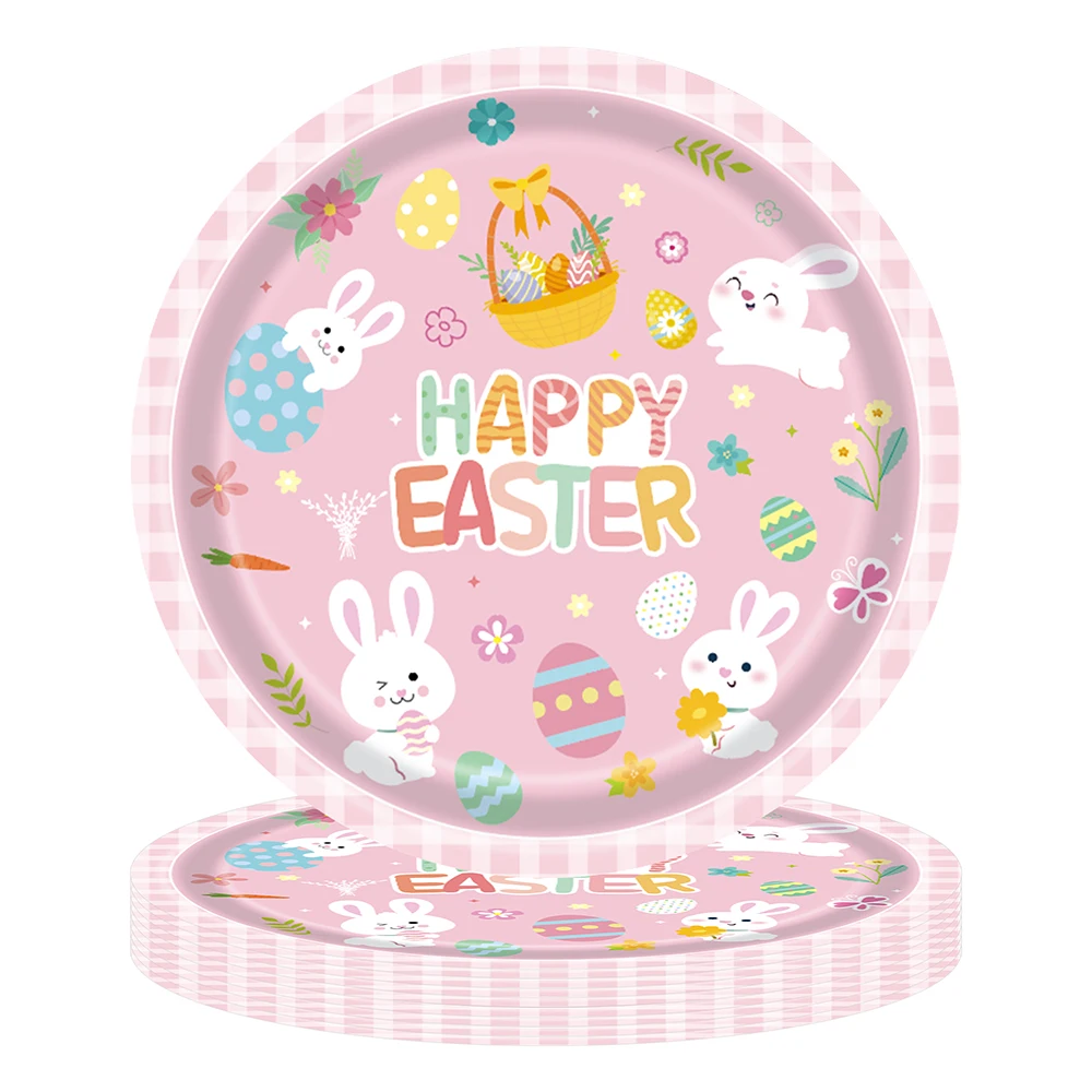 Nuevos huevos de Pascua de conejo blanco y rosa, vajilla desechable de Pascua, platos, servilletas para niños, decoraciones para fiesta de cumpleaños de conejito bonito
