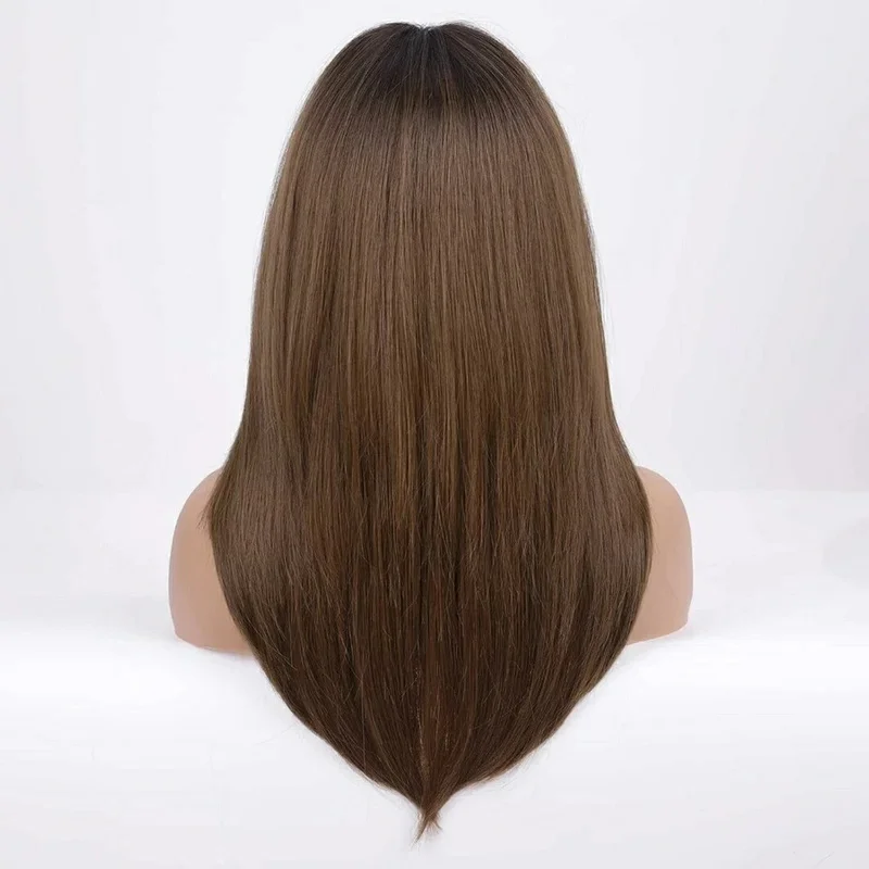 Hair  Long Straight Layered Dark Brown Bangs wigs 20in