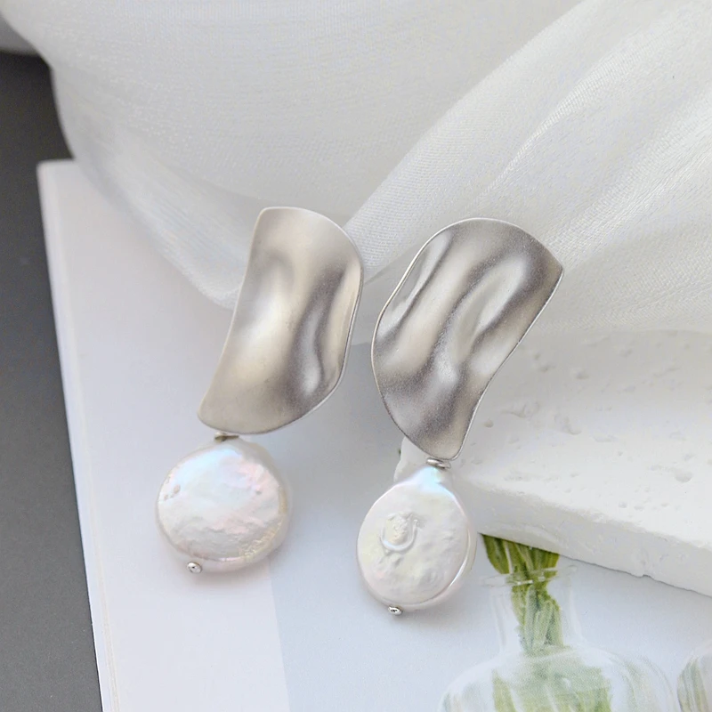 

Inlaid Natural Baroque Freshwater Pearl Trendy Creative Matte Finish 925 Sterling Silver Earrings Women Fine Jewelry Gift