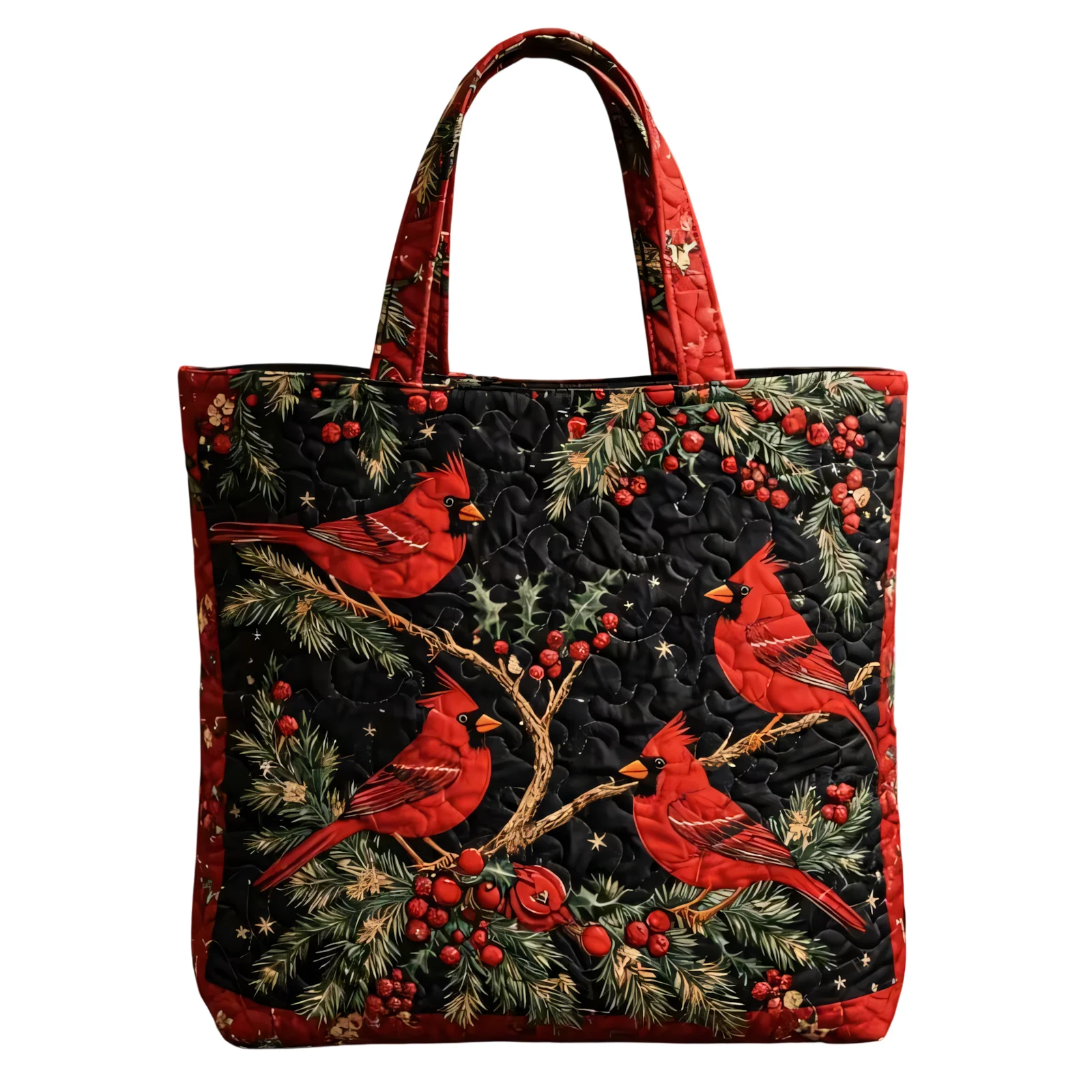 Quilted Tote Bag Cardinal Bird Print Large Capacity Reusable Shopping Bag Soft Lightweight Shoulder Bag for Daily Travel