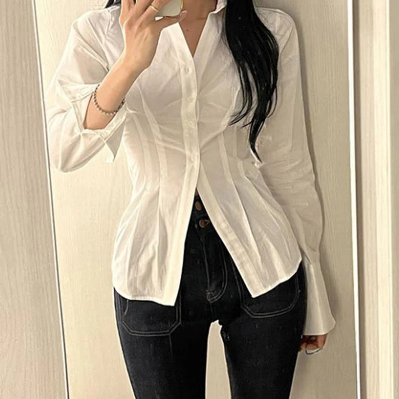 MEXZT Y2K Women Slim Blouses Office Lady Fashion Long Sleeve Folds Chic Shirt Vintage Streetwear Korean Sexy Skinny Casual Tops