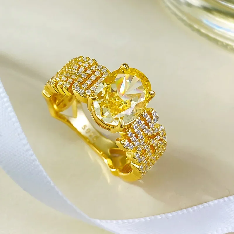 

New 925 Silver Simulated Diamond Wealth Rising Ring 7 * 9 Lucky Yellow Diamond Wedding Jewelry