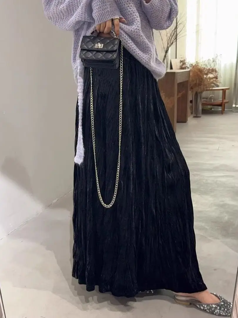 Retro Textured Gold Velvet Asymmetrical Skirt Women's Autumn Winter Mid-Length Slimming Maxi A-Line Pleated Long Skirt