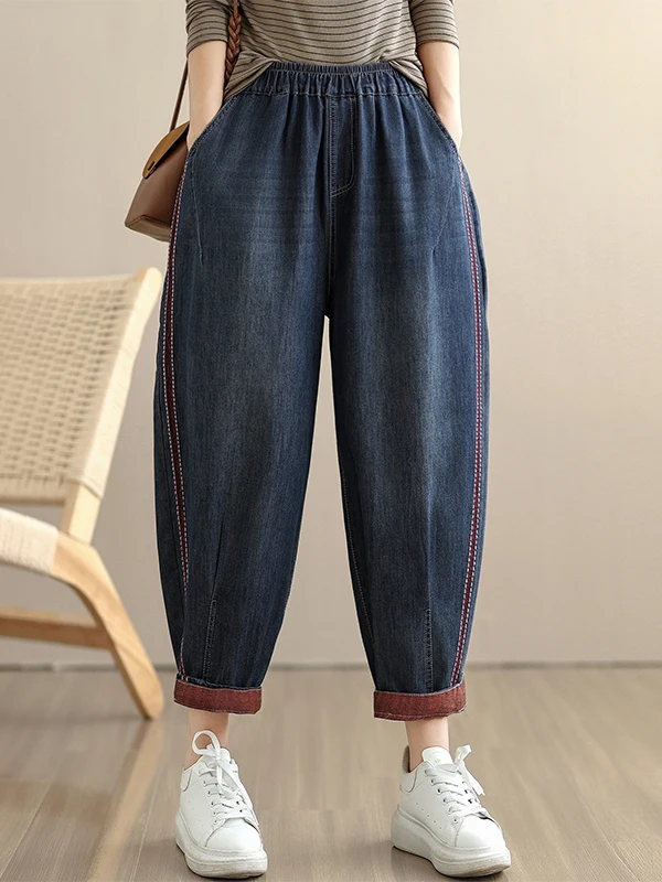 กางเกงยีนส์เดนิมทรงหลวมแบบเรโทร แต่งผ้าปะติด ปลายขาจั๊มพ์ เอวสูง ทรงสลิม 9 ส่วน สไตล์ลำลอง สำหรับผู้หญิงไซส์ใหญ่