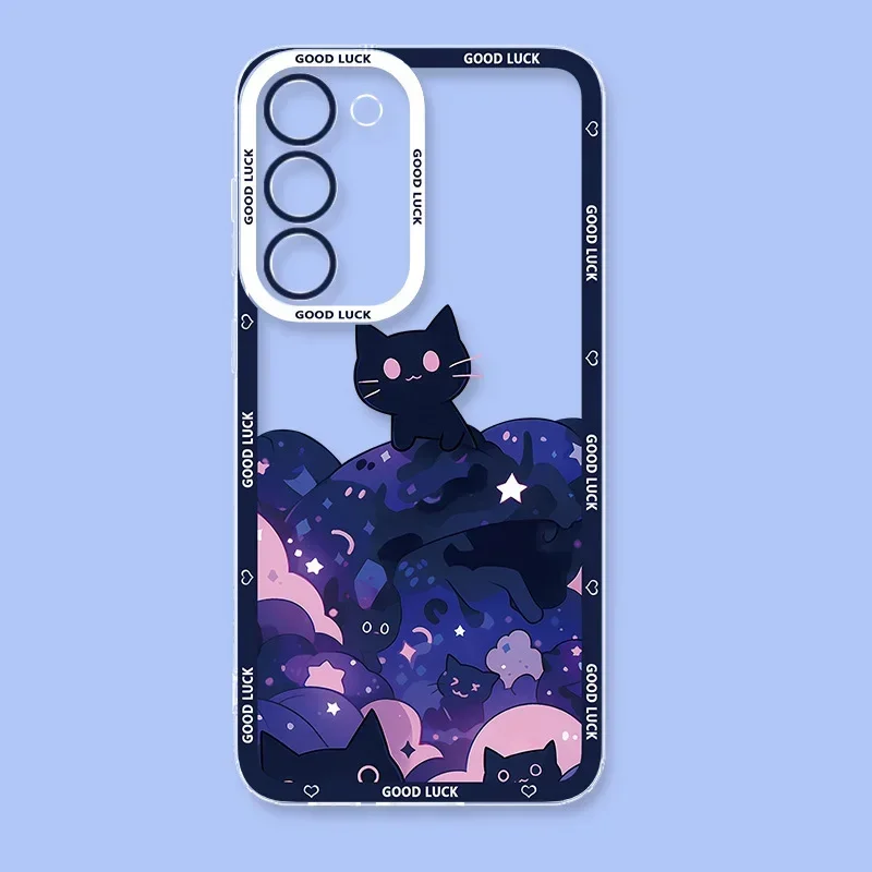 Lustige Künstlerische Schwarze Katze Sternenhimmel Handyhülle für Samsung Galaxy S26 S24 S23 S22 S25 Plus Ultra Transparente Hülle S23+ S22+ S24+ Schutzhülle