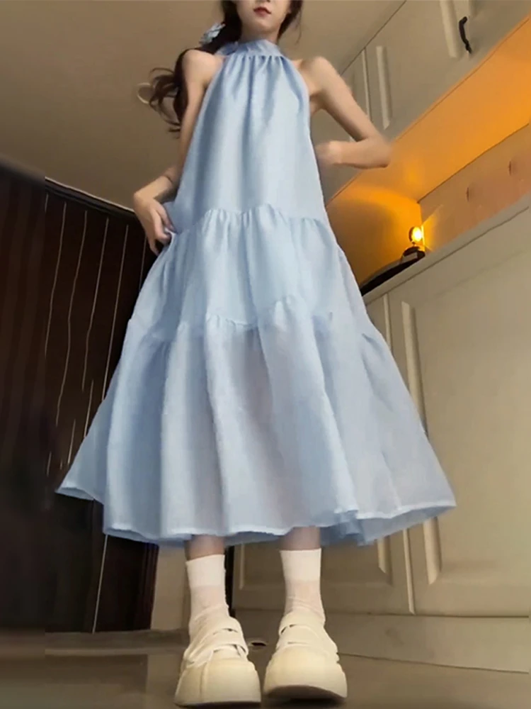 กระโปรงทรงเอวต่ำสไตล์ลำลองหวานๆ รุ่น Blue Svel Neline Summer Dr สำหรับผู้หญิง ลาย Fairy Long Dr Beach Vaion