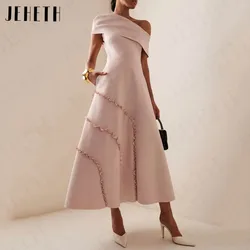 JEHETH Off Shoulder Ruffle Evening Dress Pink A Line Ankle Length Wedding Party Dresses Women vestidos para eventos especiales