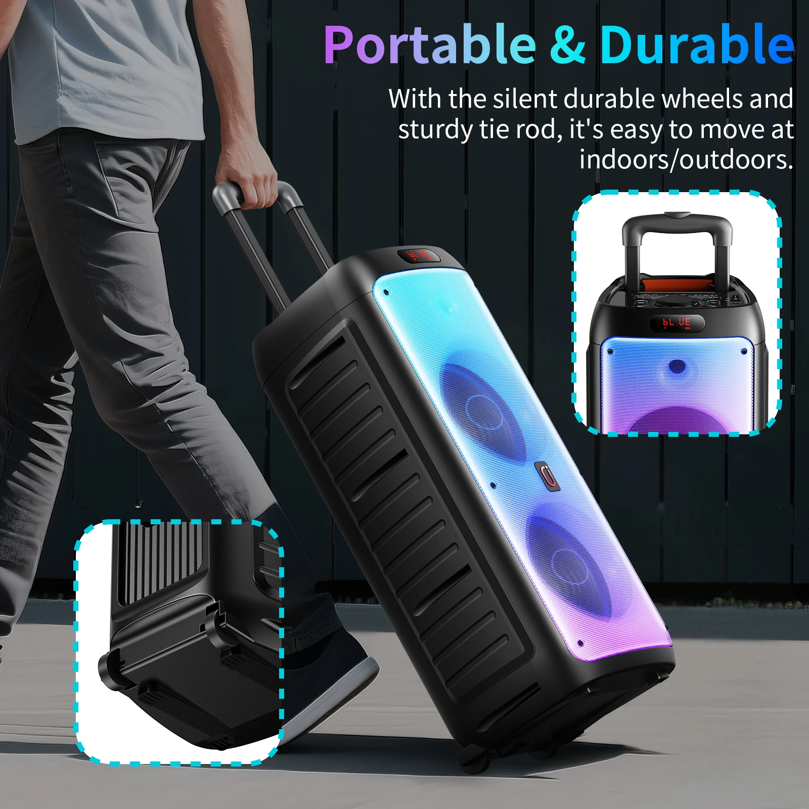 T38 Large Bluetooth Speaker, Wireless Speaker with Wheels and Push Rod, Karaoke Machine with Two Microphones With Tws