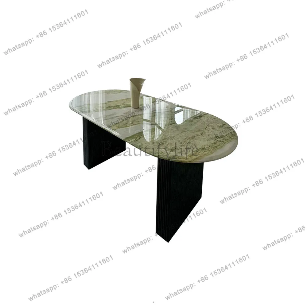 

Green natural marble luxury stone dining table oval French cream style ancient dining table